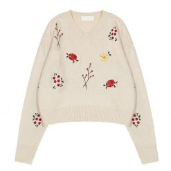 ItGirl Shop Small Flowers Embroideries White Black Knit Sweater Fairycore