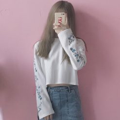 ItGirl Shop NEW Small Flowers Embroidery Sleeve Knit O-Neck Sweater