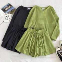 ItGirl Shop NEW Solid Colors Ribbed Shirt + Shorts Comfy 2 Piece Set