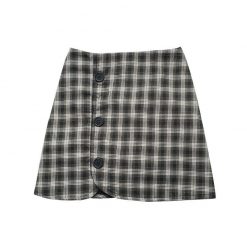 ItGirl Shop Dark Academia Outfits Thick Plaid Side Buttons Brown Black Skirt