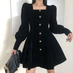 ItGirl Shop Vintage Black Velvet Puffed Long Sleeves Dress Vintage Clothing