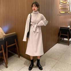 ItGirl Shop Warm Cashmere Turtle Neck Bow Belt Long Dress