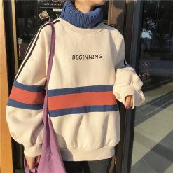 ItGirl Shop Warm Turtleneck Beginning Letter Print Striped Sweatshirt Cute Plus Size